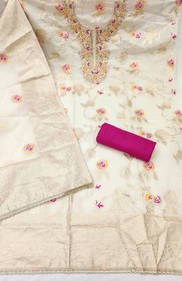Off white cotton silk woven design unstitched dress material 3