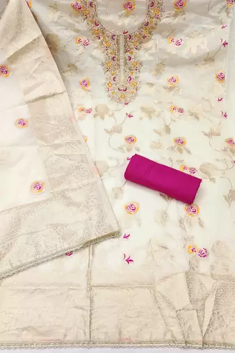 Off white cotton silk woven design unstitched dress material