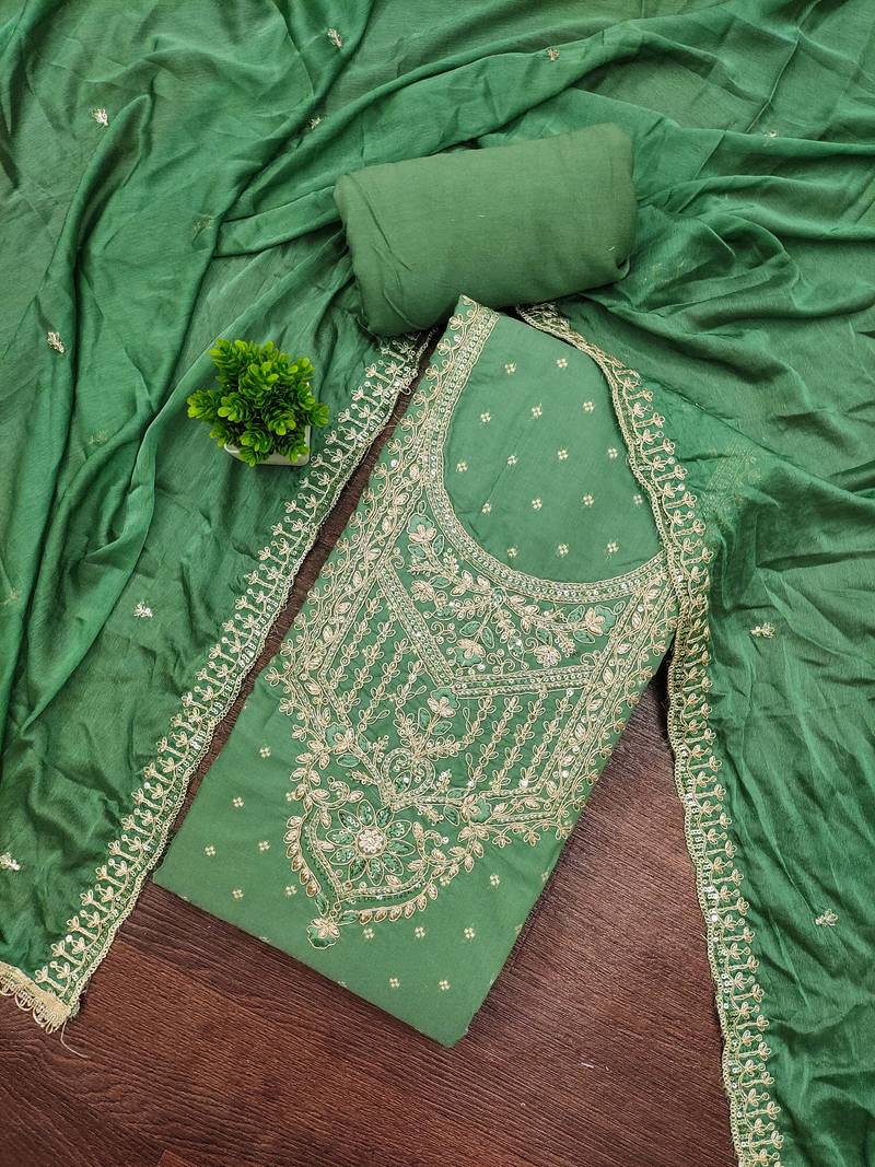Green modal chanderi embroidered unstitched dress material