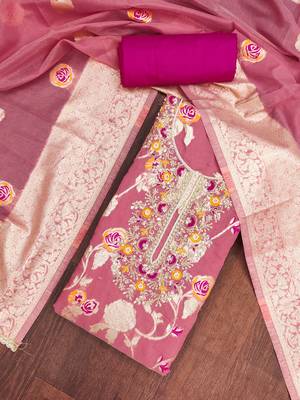 Pink cotton silk woven design unstitched dress material 1