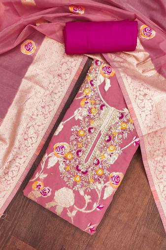 Pink cotton silk woven design unstitched dress material