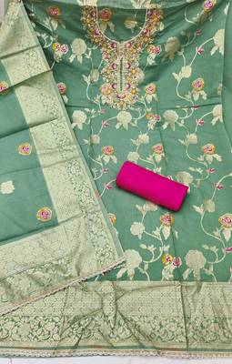 Sea green cotton silk woven design unstitched dress material 3