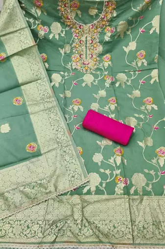 Sea green cotton silk woven design unstitched dress material