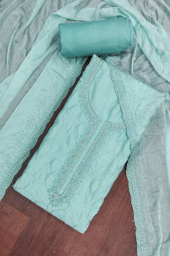 Blue cotton silk embroidered unstitched dress material