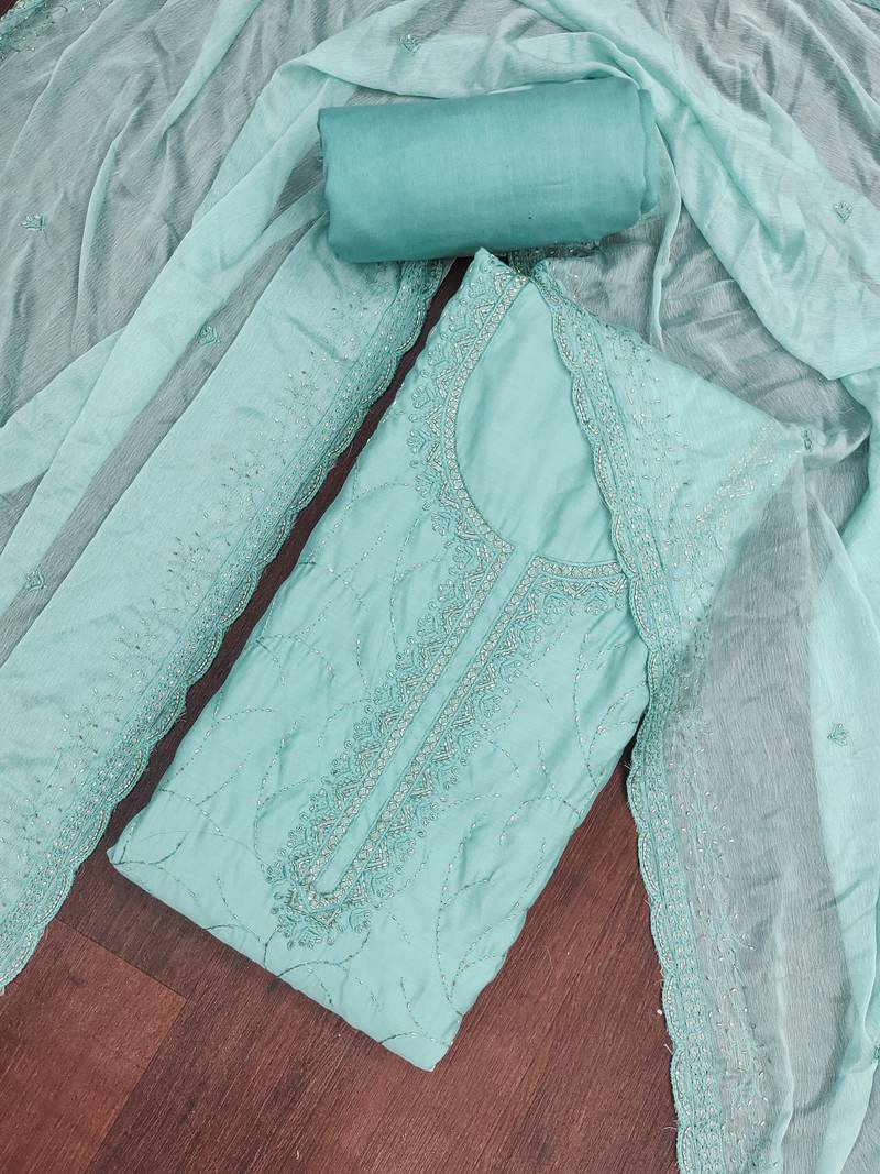 Blue cotton silk embroidered unstitched dress material