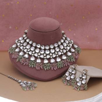 Pink & pista green color kundan necklace set 1