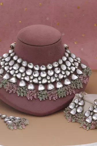 Pink & pista green color kundan necklace set
