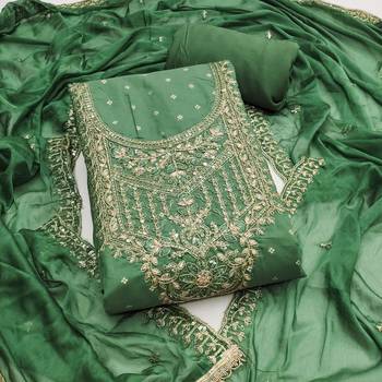 Green modal chanderi embroidered unstitched dress material 2