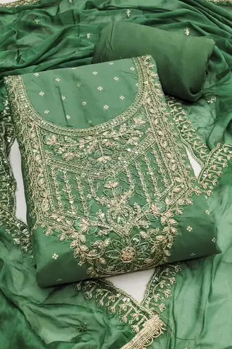 Green modal chanderi embroidered unstitched dress material