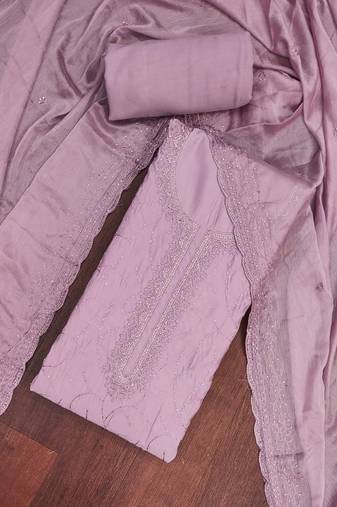 Lavender cotton silk embroidered unstitched dress material