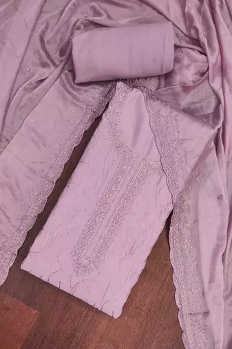 Lavender cotton silk embroidered unstitched dress material
