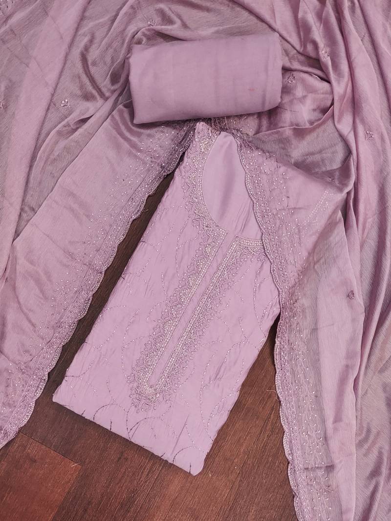 Lavender cotton silk embroidered unstitched dress material