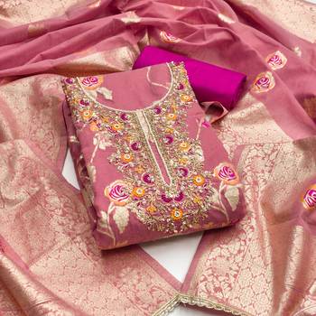 Pink cotton silk woven design unstitched dress material 2