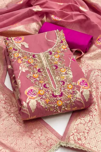 Pink cotton silk woven design unstitched dress material
