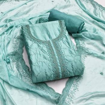 Blue cotton silk embroidered unstitched dress material 2