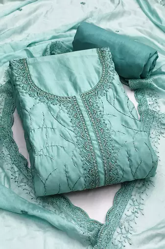 Blue cotton silk embroidered unstitched dress material
