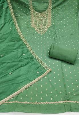 Green modal chanderi embroidered unstitched dress material 3