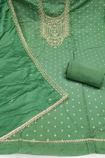 Green modal chanderi embroidered unstitched dress material
