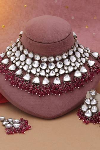 Rani color kundan necklace set