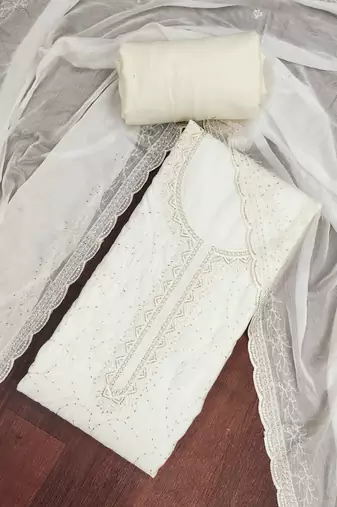 Off white cotton silk embroidered unstitched dress material