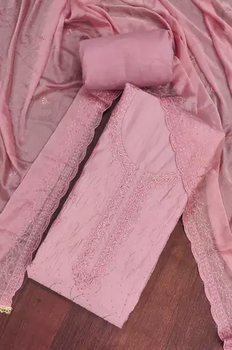 Pink cotton silk embroidered unstitched dress material