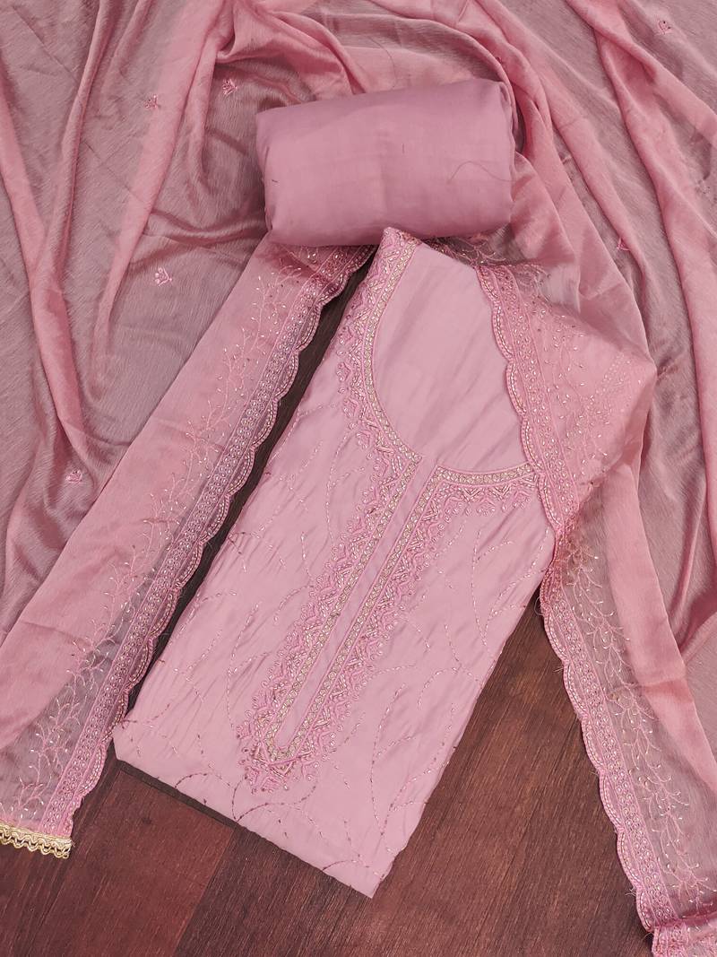Pink cotton silk embroidered unstitched dress material