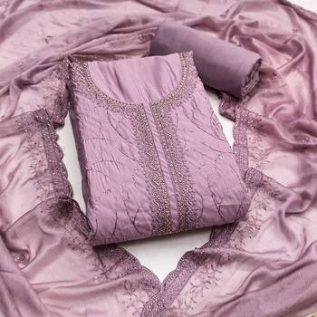 Lavender cotton silk embroidered unstitched dress material 2