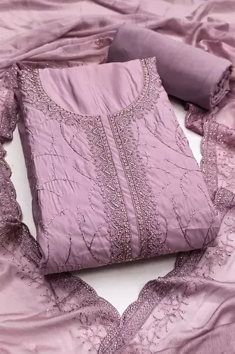 Lavender cotton silk embroidered unstitched dress material