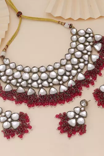 Rani color kundan necklace set