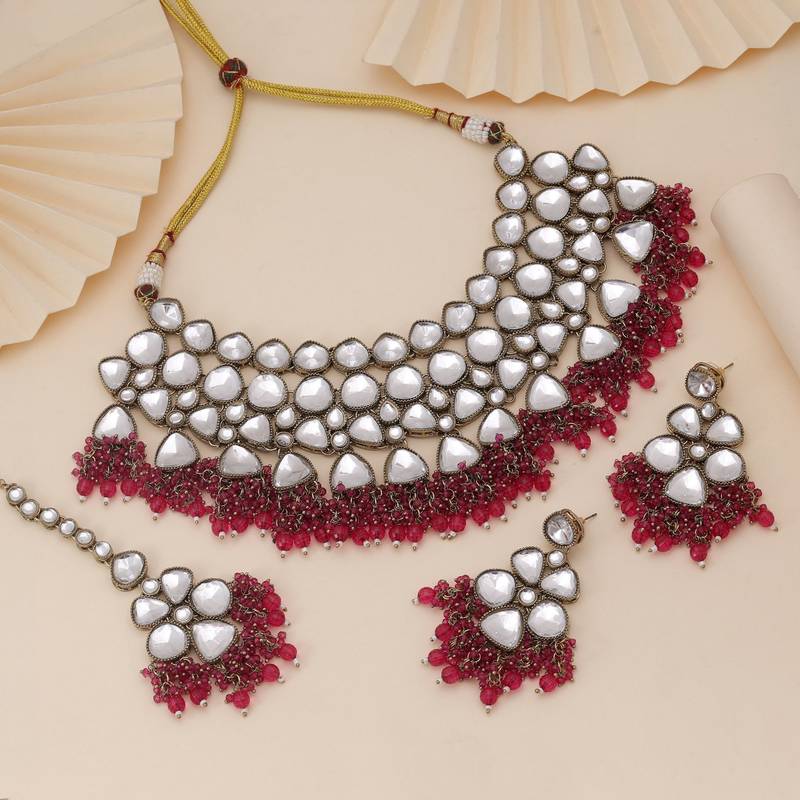 Rani color kundan necklace set