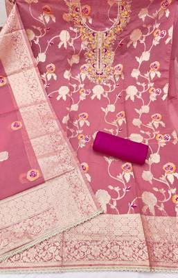 Pink cotton silk woven design unstitched dress material 3