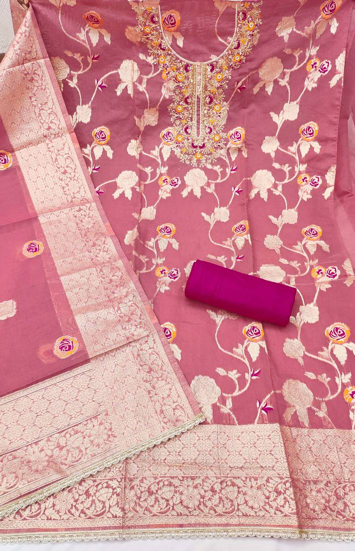 Pink cotton silk woven design unstitched dress material