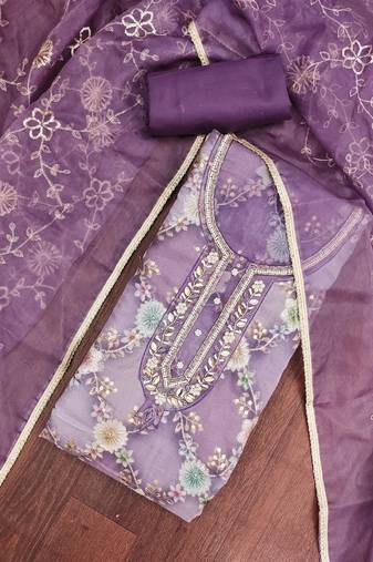 Purple organza printed unstitched dress material