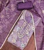 Purple organza printed unstitched dress material