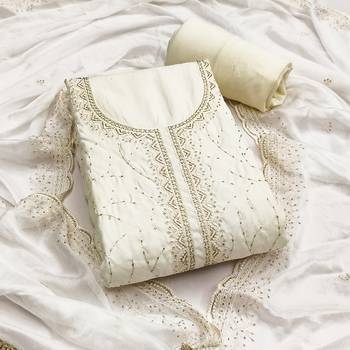 Off white cotton silk embroidered unstitched dress material 2