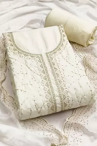 Off white cotton silk embroidered unstitched dress material