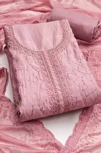 Pink cotton silk embroidered unstitched dress material