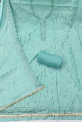 Blue cotton silk embroidered unstitched dress material 3