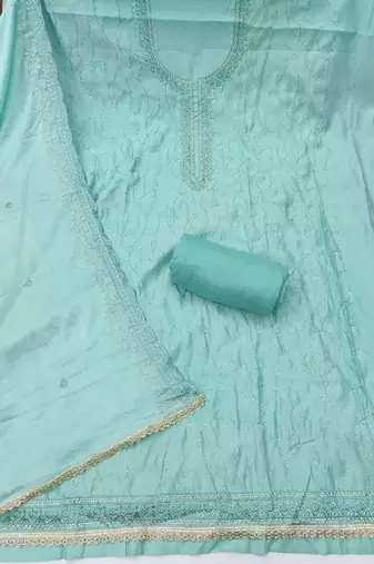 Blue cotton silk embroidered unstitched dress material