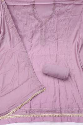 Lavender cotton silk embroidered unstitched dress material 3