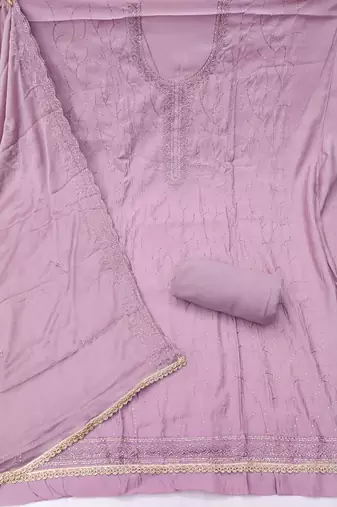 Lavender cotton silk embroidered unstitched dress material