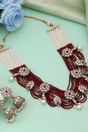 Maroon color kundan necklace set