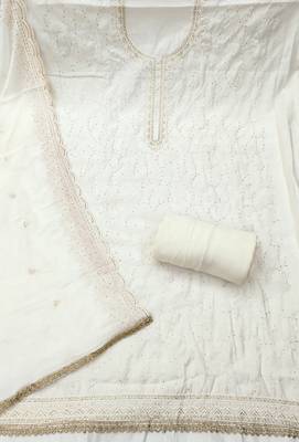 Off white cotton silk embroidered unstitched dress material 3