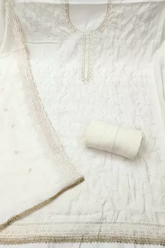 Off white cotton silk embroidered unstitched dress material
