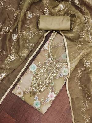 Olive organza printed unstitched dress material 1