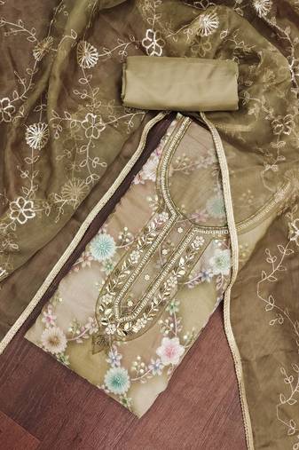 Olive organza printed unstitched dress material