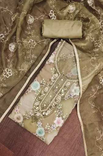 Olive organza printed unstitched dress material