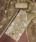 Olive organza printed unstitched dress material