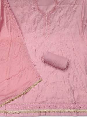 Pink cotton silk embroidered unstitched dress material 3