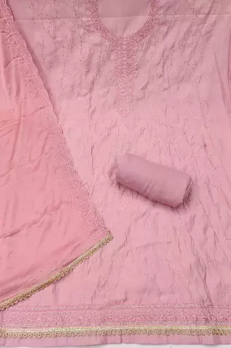 Pink cotton silk embroidered unstitched dress material